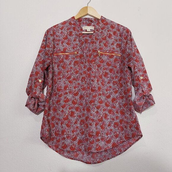 Michael Kors Oversized V-Neck Band Collar Pullover Blouse Zipper Pockets - Small - Picture 2 of 10